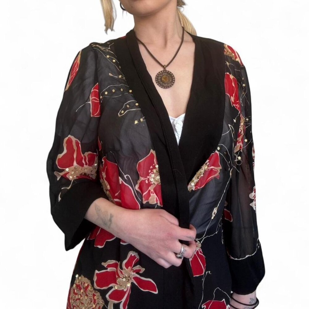 Dana Kay black floral kimono with gold accents and beaded details